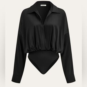 Commense Satin Collared Long Sleeve Bodysuit